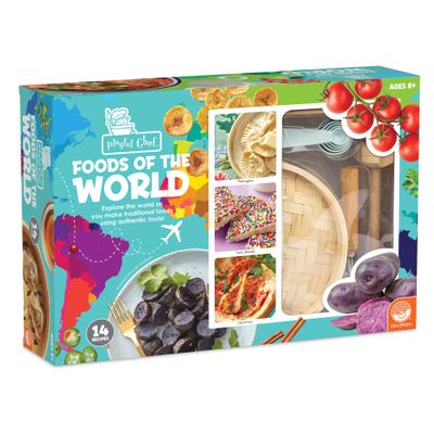 MindWare Playful Chef Foods of The World Cooking Kit for Kids, Global Cooking Set with Authentic Tools and 14 Recipes for Ages 8+