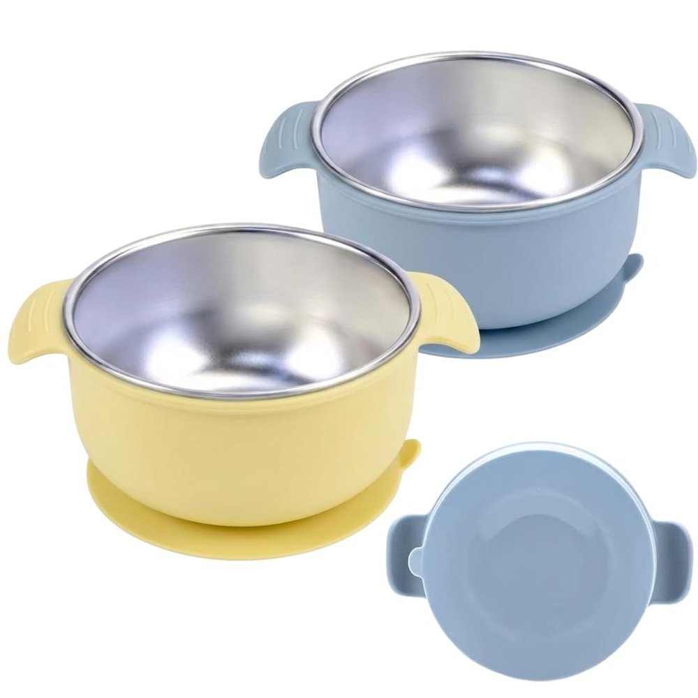 TOTS GROUND Stainless Steel Baby Suction Bowls with Handles 2 Pack, Non-Slip Children Food Bowl with Silicone Sleeve for Kids Toddlers Infants, Unbreakable & Non Toxic (Butter Yellow & Baby Blue)