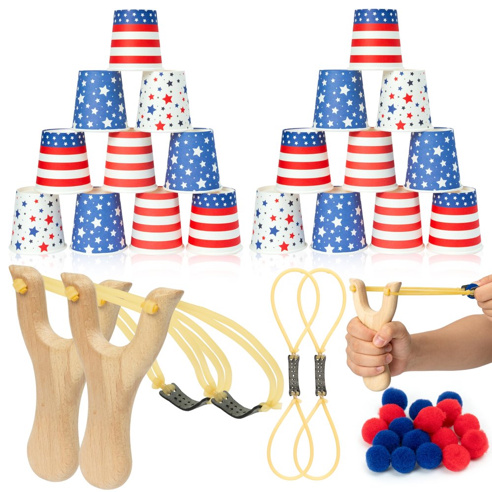 TICIAGA American Flag Stacking Cups Game Set with Toss Sling Shot 250th Anniversary Party Favor, 4th of July USA Party Toss Game, Red Blue Memorial Day Accessory 2 Slingshot 24 Cup 50 Pellet & 2 Band