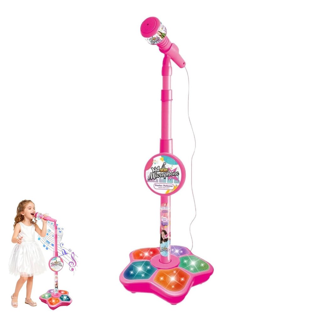 Kids Microphone with Stand, Mini Karaoke Machine for Kids, Portable Kids Karaoke Microphone Toy with Music & Lights, Birthday Gift for 4 Year Old Girls (Pink)