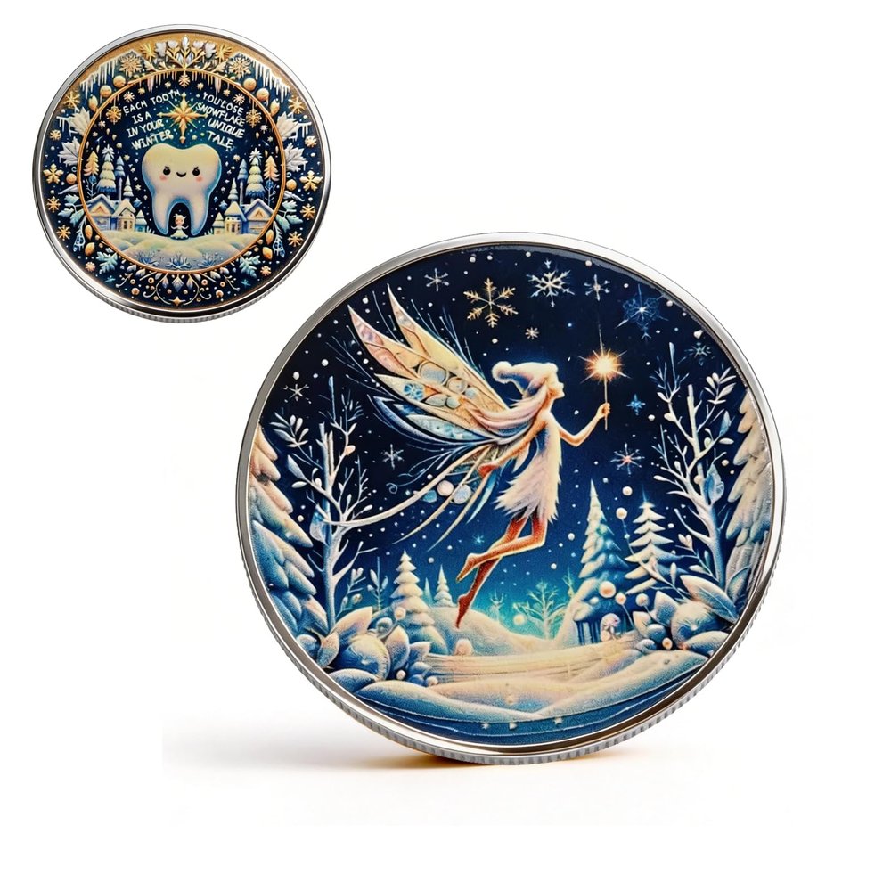Tooth Fairy Coins for Girls, Lucky Coin Gift for Children with Tooth Loss, Blue Enamel Toothfairy Gifts for Kids(Silver Rim)