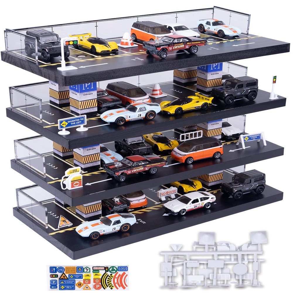 Hot Direct Wheels Dispaly Case,1/64 Scale Diecast Toy Car Storage,Parking Garage Diorama - Freestanding Storage with 4 Levels 24 Spots Maximum 40 Cars,Black(Cars NOT Included)