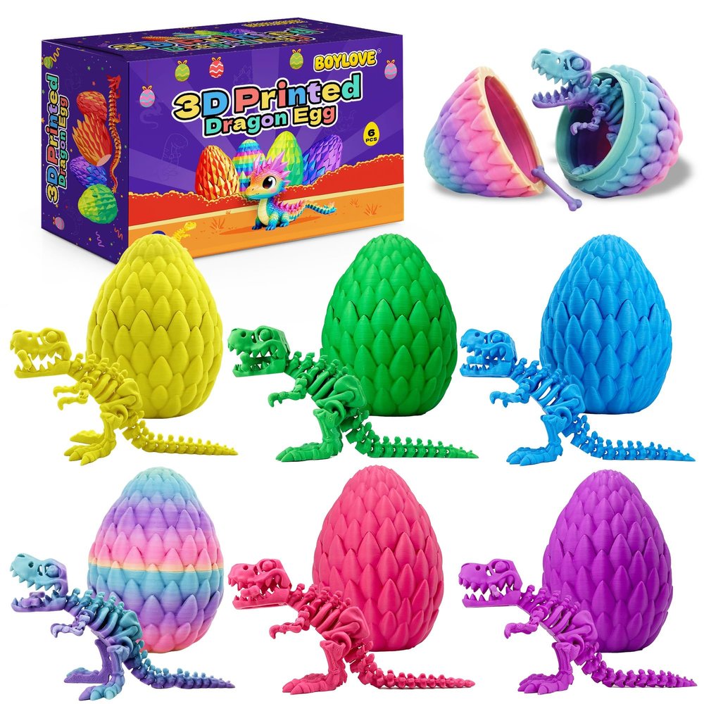 BOYLOVE 6Pcs Prefilled Easter Eggs with 3D Printed Dinosaur Toys, 3D Printed Dragon Animals, Cool T-Rex Fidget Toys for Easter Basket Stuffers, Birthday Party Favors & Kids Gifts