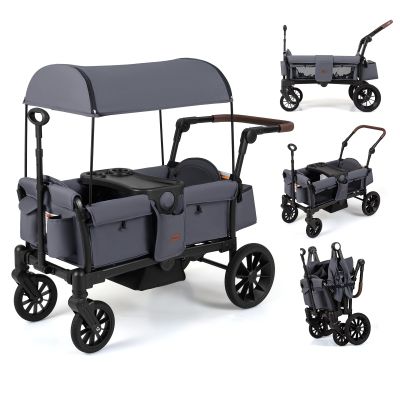 INFANS Wagon Stroller for 2 Kids, Foldable Wagon Cart with Adjustable Handle Pull Bar, Removable Canopy, Footwell, Snack Tray, Harnesses for Infants Toddlers 6-36 Months (Grey)