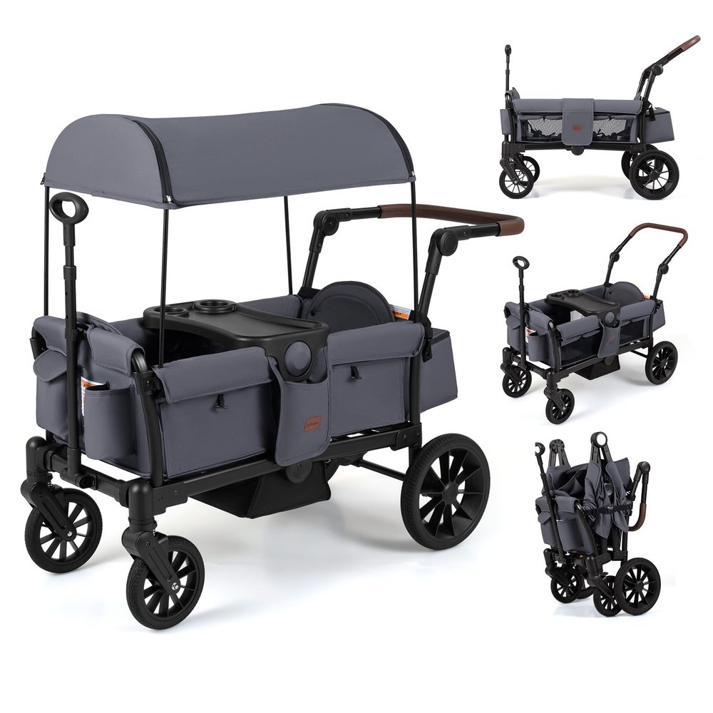 INFANS Wagon Stroller for 2 Kids, Foldable Wagon Cart with Adjustable Handle Pull Bar, Removable Canopy, Footwell, Snack Tray, Harnesses for Infants Toddlers 6-36 Months (Grey)