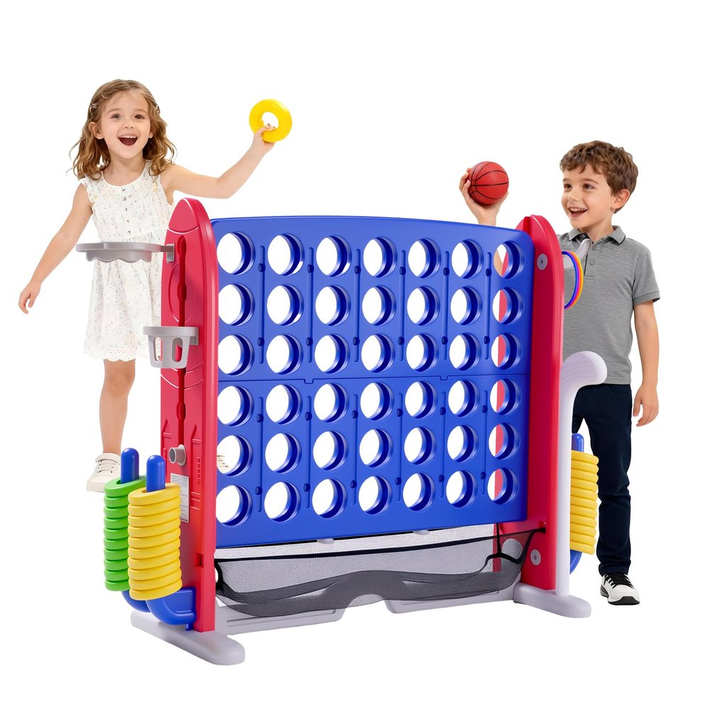 Giant 4-in-A-Row, Outdoor Jumbo 4 to Score w/Quick Release, Basketball Hoop, Ring Toss & Net, Connect Four Yard Games with Adjustable Height(2.7-3.2 FT), Party Family Floor Game for Kids & Adult, Blue