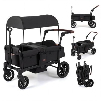 INFANS Wagon Stroller for 2 Kids, Foldable Wagon Cart with Adjustable Handle Pull Bar, Removable Canopy, Footwell, Snack Tray, Harnesses for Infants Toddlers 6-36 Months (Black)