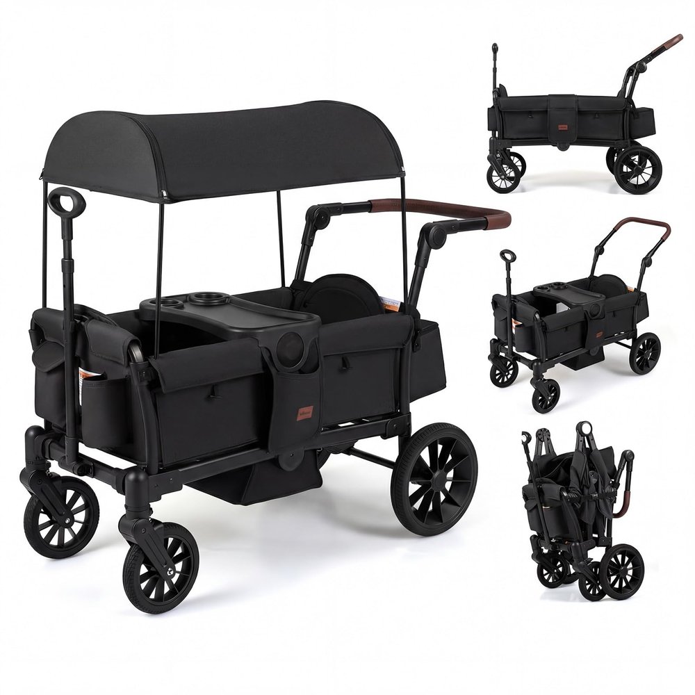 INFANS Wagon Stroller for 2 Kids, Foldable Wagon Cart with Adjustable Handle Pull Bar, Removable Canopy, Footwell, Snack Tray, Harnesses for Infants Toddlers 6-36 Months (Black)