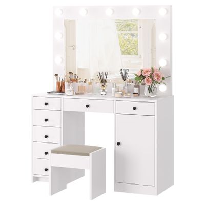 PeacefulHues White Makeup Vanity with Lights Mirror - Vanity Desk, Makeup Vanity Table with Charging Station, 7 Storage Drawers, 1 Cabinet, and 3 Color Lighting Modes
