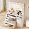 PeacefulHues White Makeup Vanity with Lights Mirror - Vanity Desk, Makeup Vanity Table with Charging Station, 7 Storage Drawers, 1 Cabinet, and 3 Color Lighting Modes view 3