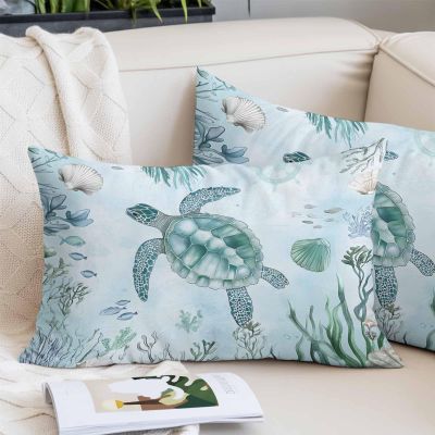 Toddler Pillow Covers 16x24 Inch, Coastal Turtle Decorative Pillowcase with Zipper, Microfiber Pillow Protector, Beach Nautical Seashells Seaweed Coral Breathable Throw Pillowcases for Sofa Bed