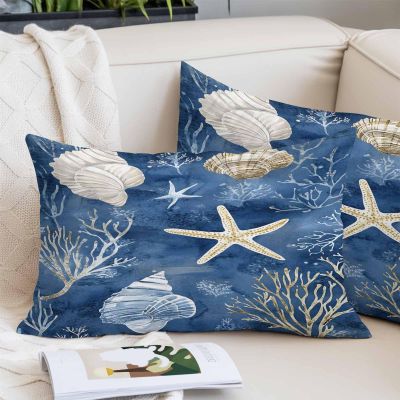 Toddler Pillow Covers 16x24 Inch, Navy Blue Coastal Decorative Pillowcase with Zipper, Microfiber Pillow Protector, Nautical Beach Starfish Coral Summer Breathable Throw Pillowcases for Sofa Bed