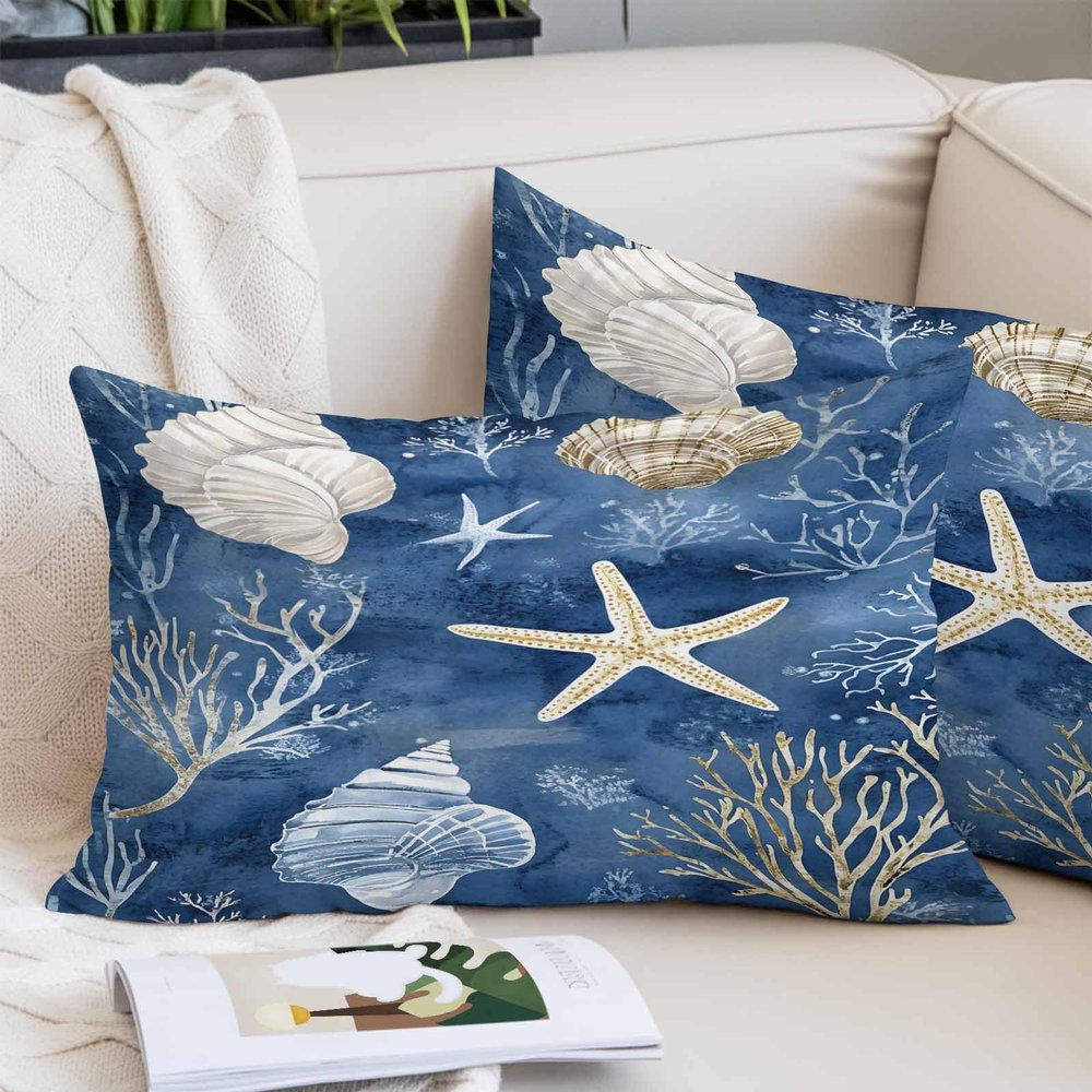 Toddler Pillow Covers 16x24 Inch, Navy Blue Coastal Decorative Pillowcase with Zipper, Microfiber Pillow Protector, Nautical Beach Starfish Coral Summer Breathable Throw Pillowcases for Sofa Bed