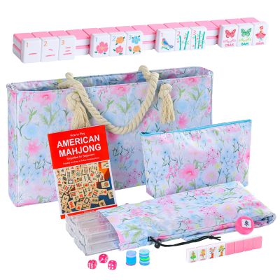 2026 American Mahjong Set Complete with Blue Carrying Bag, 160 Pink Cute Mahjong Tiles, 4 All-in-One Transparent Mahjong Racks with Pushers, Majiang Tile Set