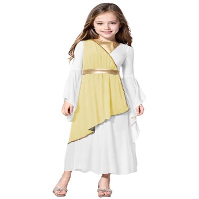 QinCiao Kids Girls Halloween Greek Toga Dress Long Sleeve Maxi Gown Princess Costume Yellow 6 Years