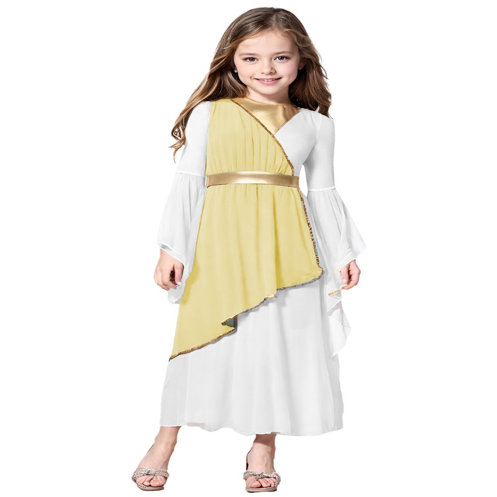 QinCiao Kids Girls Halloween Greek Toga Dress Long Sleeve Maxi Gown Princess Costume Yellow 6 Years