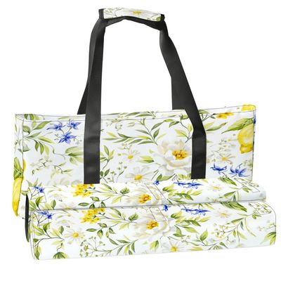 3 Pcs Empty Mahjong Bag Set Peony yellow flowers lemon fruits green leaves white floral Seamless Soft American Mahjong Tile Carrying Case Rack and Pushers Bags Game Night Accessories Gifts for Women
