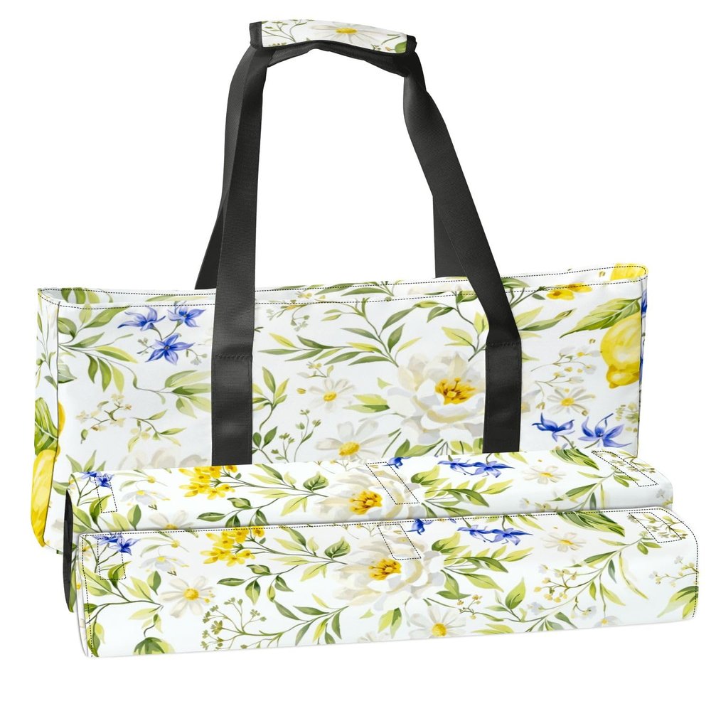 3 Pcs Empty Mahjong Bag Set Peony yellow flowers lemon fruits green leaves white floral Seamless Soft American Mahjong Tile Carrying Case Rack and Pushers Bags Game Night Accessories Gifts for Women