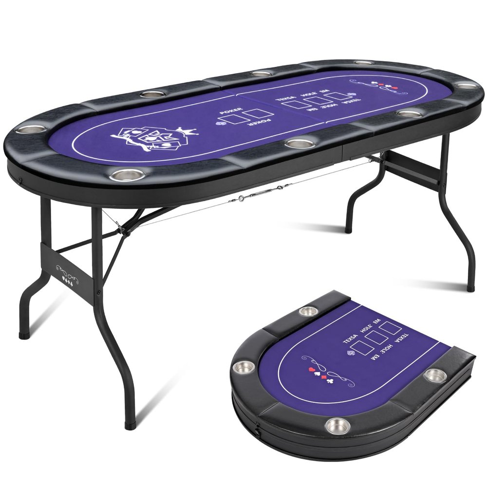 LHKQMYT 8 Player Poker Table Foldable, Texas Holdem Casino Table with Padded Rails & Cup Holders, Portable Folding Game Table for Home or Game Room, 71 Inch (Purple)