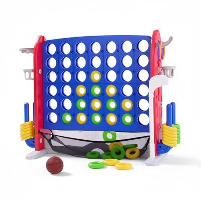 Giant 4 Connect in a Row Game, Jumbo 4-to-Score Outdoor Yard Game w/Adjustable Height, Quick-Release, Basketball Hoop, Ring Toss & Net, Family Party Floor Game for Kids Adult, Blue