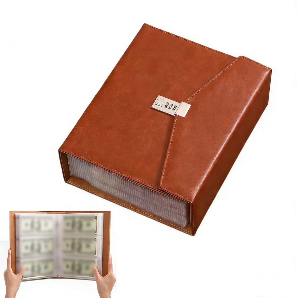 2026 New Password Lock Currency Album,168 Envelope Money Saving Challenge Book with Combination Lock,Leather Money Saving Book for Banknotes, Coins, Stamps, Cards, Photos