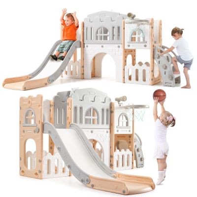 8-in-1 Toddler Slide & Climber Playset for Kids 1-3 Years, Indoor Outdoor Activity Center with Basketball Hoop, Tunnel, Telescope, Steering Wheel & Storage, Safe HDPE Backyard Fun House
