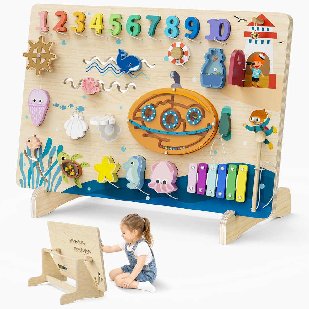 BlueWood Wooden Busy Board for Toddlers 18+ Months, 12-in-1 Montessori Philosophy Educational Toy, Activity Center Made from Basswood, No Drilling, Easy to Install & Store - Ocean