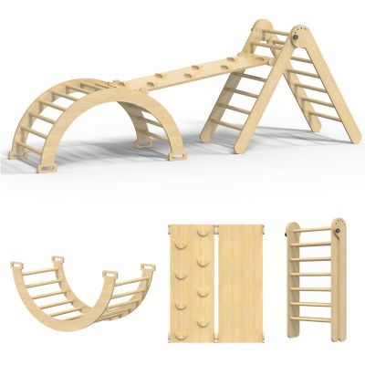 CMFYDAILY Pikler Triangle Set, 7 in 1 Foldable Climbing Toys Set for Kids, Baby Jungle Gym with Ramp & Arch,Wooden Montessori Climbing Set Indoor for Toddler (Natural)