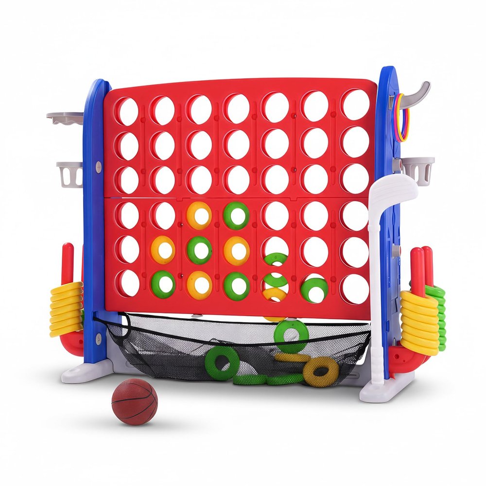 Giant 4 Connect in a Row Game, Jumbo 4-to-Score Outdoor Yard Game w/Adjustable Height, Quick-Release, Basketball Hoop, Ring Toss & Net, Family Party Floor Game for Kids Adult, Red