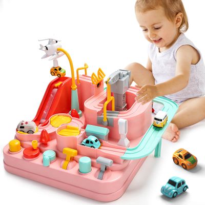 Gretex Car Race Track for Kids Ages 3-6: City Rescue Car Track Set with 4 Mini Cars and Helicopter, Preschool STEM Toy, Educational Obstacle Course Playset for Kids Ages 3-6, Birthday Gift for Girls