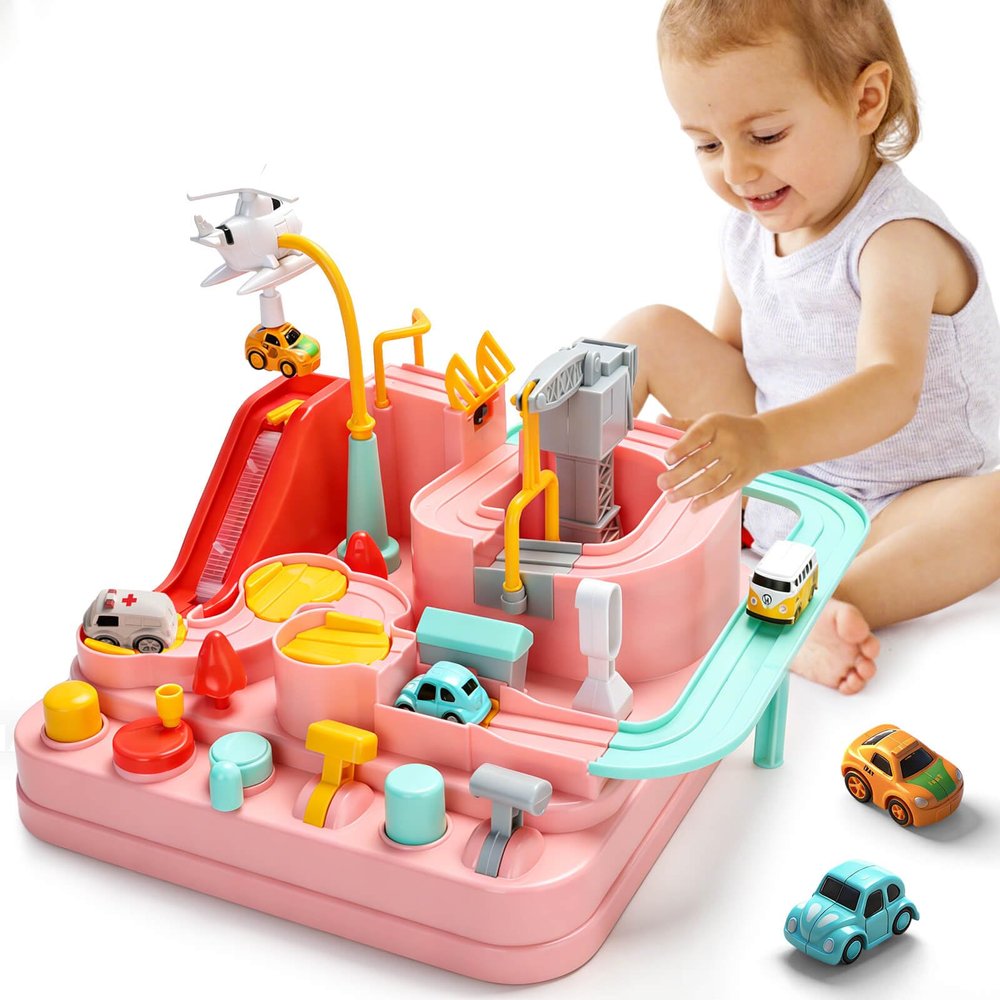 Gretex Car Race Track for Kids Ages 3-6: City Rescue Car Track Set with 4 Mini Cars and Helicopter, Preschool STEM Toy, Educational Obstacle Course Playset for Kids Ages 3-6, Birthday Gift for Girls