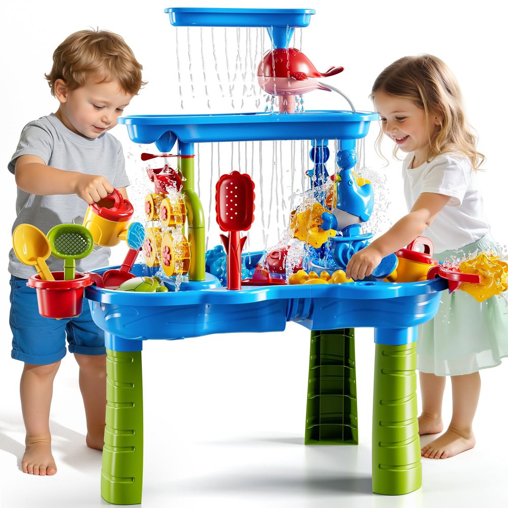 JUKUDAHU 3-Tier Sand and Water Table Toys for Kids Aged 3 4 5 6 7 8, Outdoor Activity Playset Sensory Play Table with Beach Toys Accessories Water Waterfall, Birthday Gifts for Toddlers 3-4 3-5 4-6