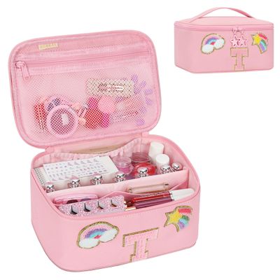 OCHEAL Initial Makeup Bag,Pink Travel Makeup Organizer Case Beauty Toiletry Cosmetic Bag with Rainbow, Trendy Stuff Personalized Gifts for Women and Girls-T