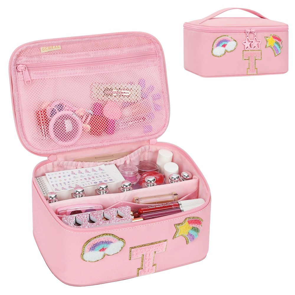 OCHEAL Initial Makeup Bag,Pink Travel Makeup Organizer Case Beauty Toiletry Cosmetic Bag with Rainbow, Trendy Stuff Personalized Gifts for Women and Girls-T