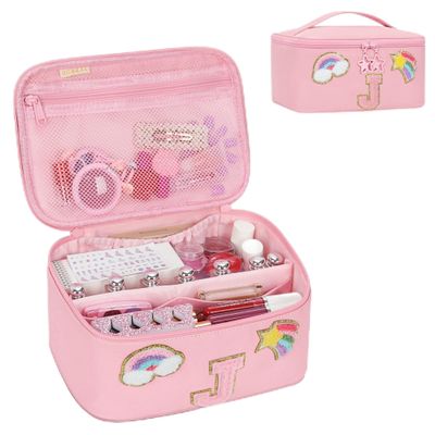 OCHEAL Initial Makeup Bag,Pink Travel Makeup Organizer Case Beauty Toiletry Cosmetic Bag with Rainbow, Trendy Stuff Personalized Gifts for Women and Girls-J