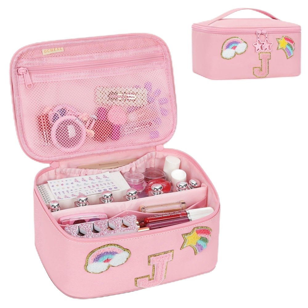 OCHEAL Initial Makeup Bag,Pink Travel Makeup Organizer Case Beauty Toiletry Cosmetic Bag with Rainbow, Trendy Stuff Personalized Gifts for Women and Girls-J