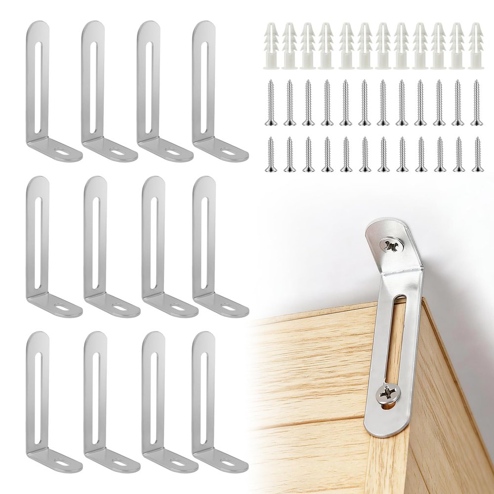 12 Pack Baby Proofing Anti Tip Furniture Anchors Kit - Heavy Duty Steel Wall Anchors for Dresser, Cabinet, Bookcase, Earthquake Safety & Pet Proofing in Nursery, Living RoomSilver
