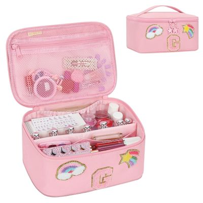 OCHEAL Initial Makeup Bag,Pink Travel Makeup Organizer Case Beauty Toiletry Cosmetic Bag with Rainbow, Trendy Stuff Personalized Gifts for Women and Girls-G