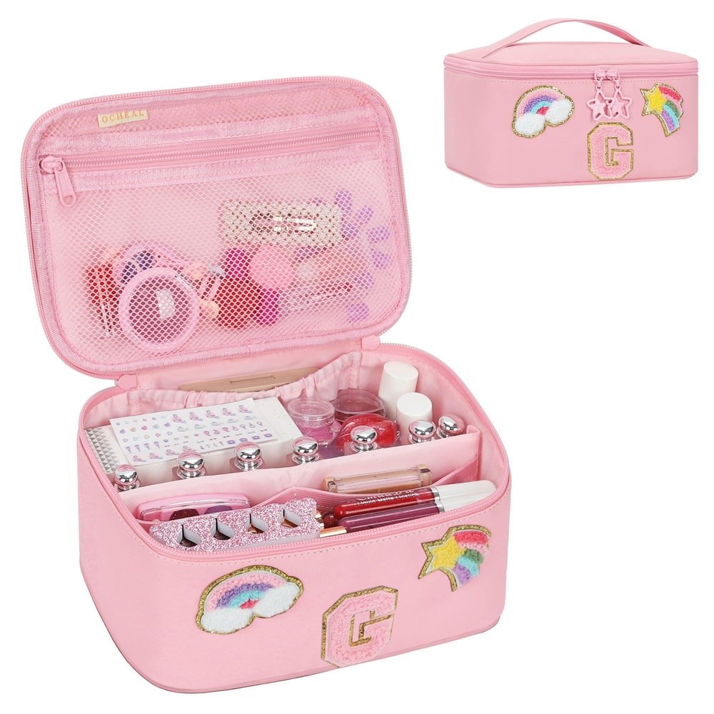 OCHEAL Initial Makeup Bag,Pink Travel Makeup Organizer Case Beauty Toiletry Cosmetic Bag with Rainbow, Trendy Stuff Personalized Gifts for Women and Girls-G