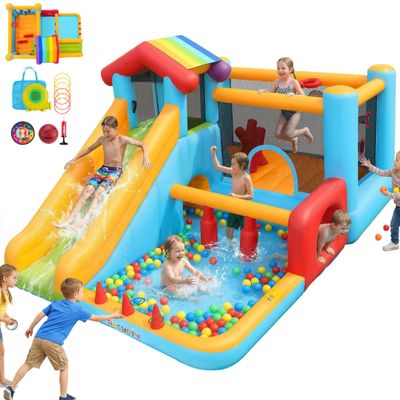 AKEYDIY Bounce House, Inflatable Bounce House for Kids 3-12, Obstacle Bouncy House with Slide, Trampoline, Ball Pit, Basketball Hoop, Target, Climbing, Tunnel, Indoor Outdoor, 450W Blower