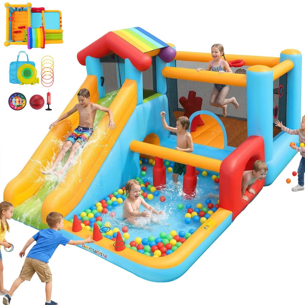 AKEYDIY Bounce House, Inflatable Bounce House for Kids 3-12, Obstacle Bouncy House with Slide, Trampoline, Ball Pit, Basketball Hoop, Target, Climbing, Tunnel, Indoor Outdoor, 450W Blower