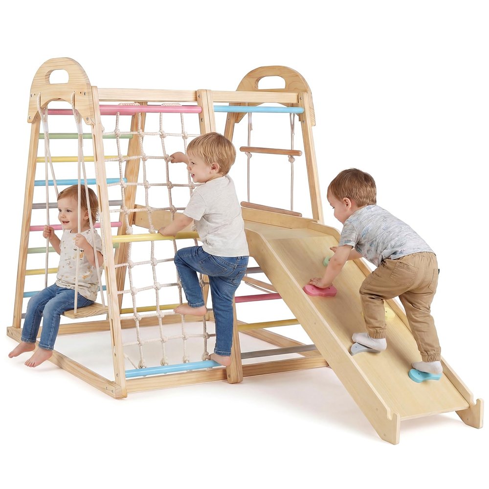 Costzon Indoor Playground, 8-in-1 Kids Montessori Jungle Gym Climbing Toys with Baby Slide, Swing, Basketball Hoop, Monkey Bar, Rope Net, Ladder, Wooden Climber Playset for Kids Ages 3-5 (Rainbow)