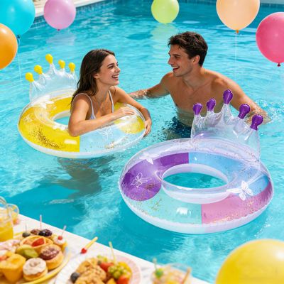 2PCS 30IN Inflatable Swim Tube Raft with Summer Fruits Painting,Pool for Swimming Pool Floaties Birthday Beach Swimming Shower Party Decorations (Crown)