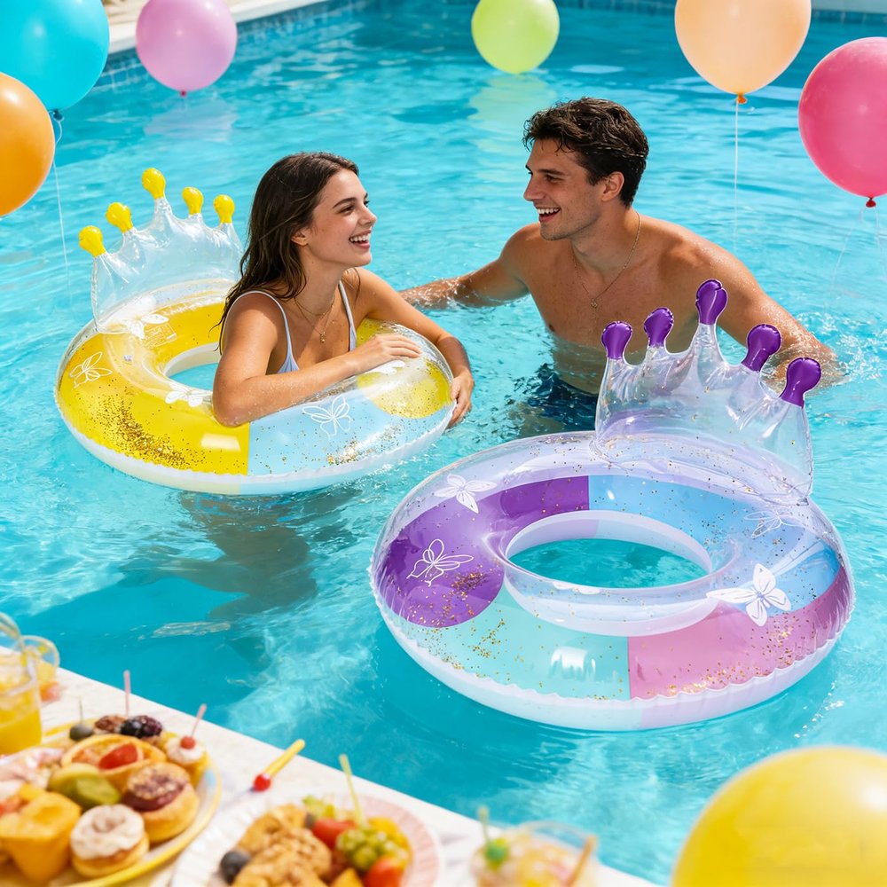 2PCS 30IN Inflatable Swim Tube Raft with Summer Fruits Painting,Pool for Swimming Pool Floaties Birthday Beach Swimming Shower Party Decorations (Crown)