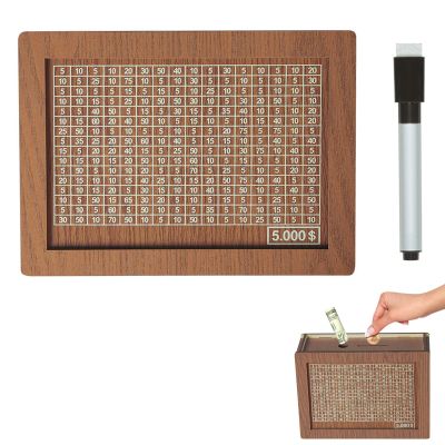 2026 New Cash Vault Wooden Savings Box, Upgraded Reusable Wooden Saving Challenge Box with Wipeable Acrylic Board for All Ages Saving Targets, Coin Bank for Financial Learning (5K)