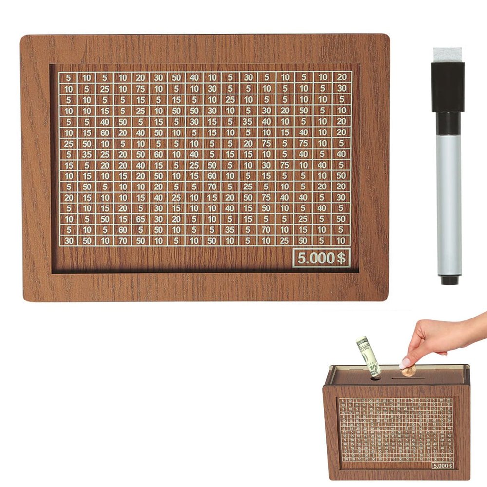 2026 New Cash Vault Wooden Savings Box, Upgraded Reusable Wooden Saving Challenge Box with Wipeable Acrylic Board for All Ages Saving Targets, Coin Bank for Financial Learning (5K)