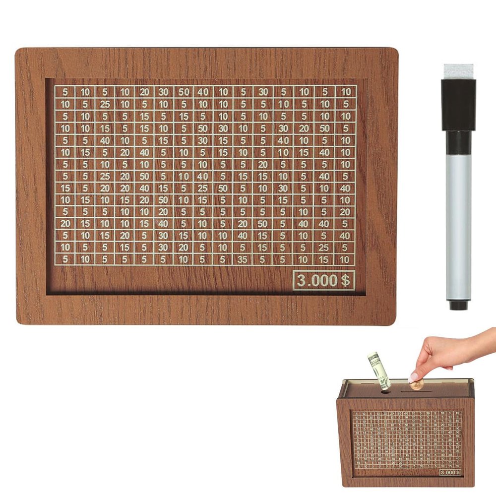 2026 New Cash Vault Wooden Savings Box, Upgraded Reusable Wooden Saving Challenge Box with Wipeable Acrylic Board for All Ages Saving Targets, Coin Bank for Financial Learning (3K)