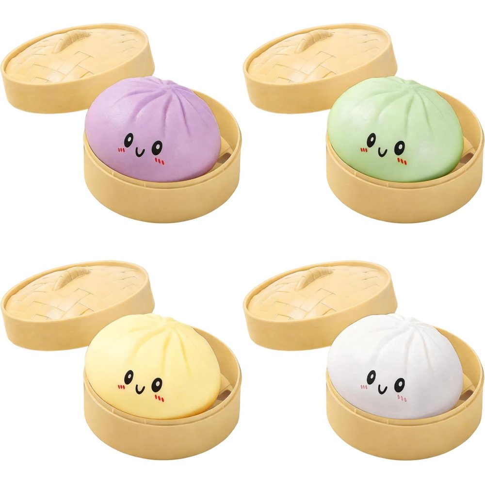 Giant Dumpling Squishy, Mystery Dumpling Squishy, 4 Inch Jumbo Dumpling Stress Ball, Rainbow Mystery Squishys Bun, Anxiety Relief Fidget, Soft Squeeze Decompression Dough (4 Pcs(GN,PP,WH,YE))