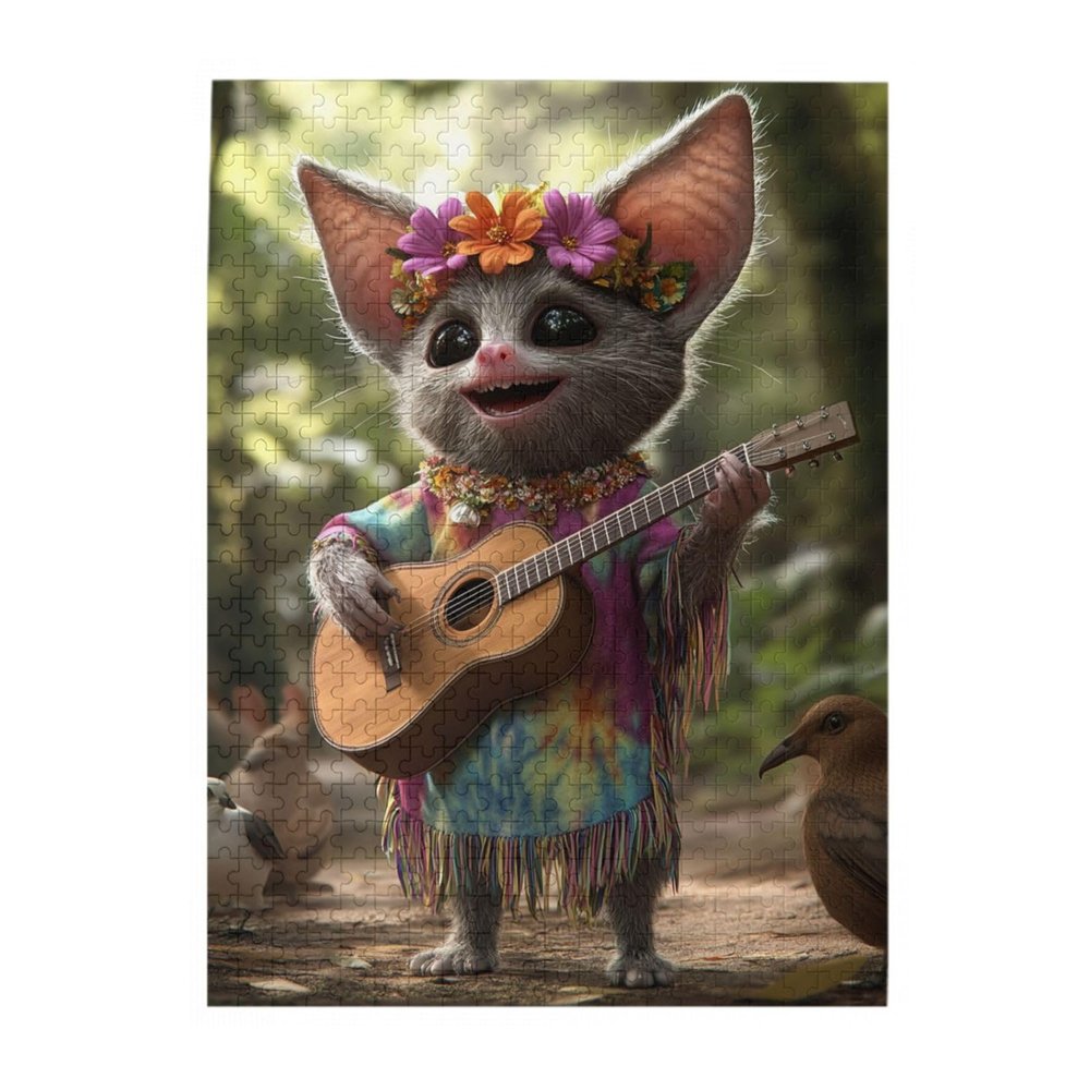 RMYRHQ Adorable Furry Elves with Guitar&Floral Wreath Wood Jigsaw Puzzles Adult 500pieces Lively Jungle-Scene Mind-Engaging for Puzzle Aficionados&Animal Fans Gift for Family Game Night&Birthday
