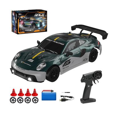 1/16 Scale Mini RC Drift Car for Adults, 2.4G 4WD High-Speed Electric RC Racing Car with LED Lights, Drift Tires & Roadblocks, Ideal Gift for Hobbyist - RTR